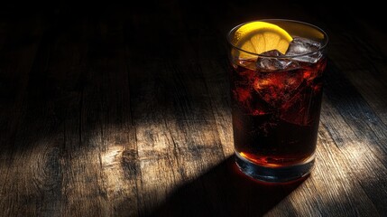 A whiskey highball served with soda and lemon on a weathered tabletop