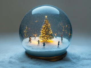 Canvas Print - Glass Snow Globe Featuring A Festive Scene Of Dancing Children And A Decorated Christmas Tree, Illuminated By Soft Lighting