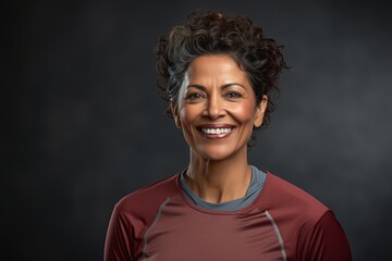 Poster - Portrait of a smiling indian woman in her 50s sporting a breathable mesh jersey isolated in plain cyclorama studio wall