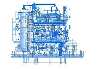 Poster - Industrial machinery blueprint showcasing piping systems in a manufacturing facility during daylight hours