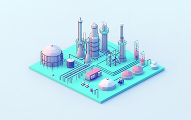 Poster - A colorful illustration of an industrial facility with towers, storage tanks, and pipelines set against a light background