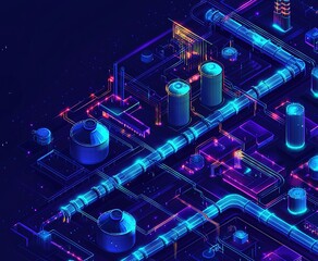 Poster - Neon-lit industrial landscape showcasing intricate piping and storage structures in a futuristic city setting at night