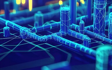 Poster - 3D wireframe representation of an industrial pipeline network in a futuristic environment with neon lighting effects