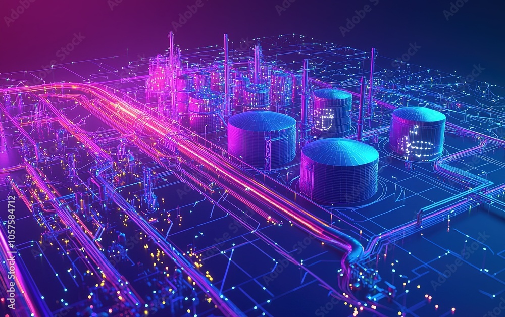 Futuristic industrial complex illuminated with neon lights in a digital ...