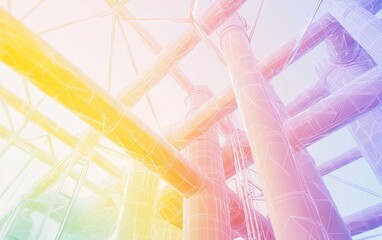 Poster - Colorful perspective of industrial pipes under a translucent roof in a modern facility during daylight