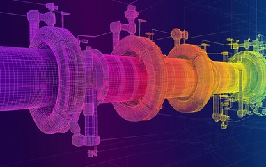 Poster - Colorful 3D wireframe rendering of a futuristic pipeline with intricate valve details on a dark background