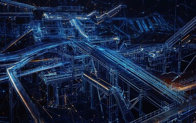 Poster - Detailed blueprint of an industrial facility illuminated by digital lines during nighttime exploration in a high-tech environment