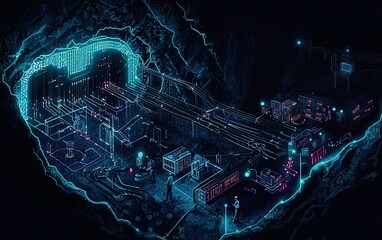 Poster - Futuristic underground facility illuminated by neon lights, showcasing intricate technology and digital displays in a cavernous space