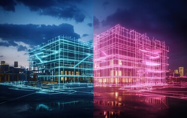 Poster - A futuristic construction site at twilight showcasing neon blue and pink outlines for modern buildings in an urban environment