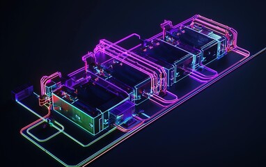 Poster - Vibrant digital representation of server units in a futuristic data center with neon circuits and glowing lines