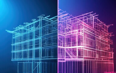 Poster - A modern building design visualization showcasing architectural plans with neon blue and pink wireframe details at dusk