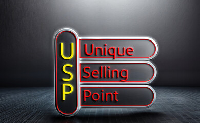 A button with the text word USP abbreviation acronym for Unique Selling Point in bold red letters