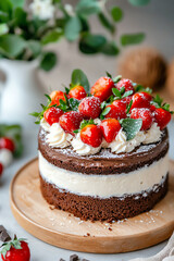 Decadent vegan chocolate cake with coconut frosting and fresh strawberries for a healthy indulgence