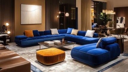 Modern blue sofa set in a chic living room, complemented by clean decor, warm lighting, and a contemporary aesthetic.