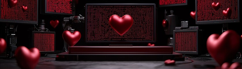 Poster - Digital Love Red Hearts Floating Over a Screen with Binary Code