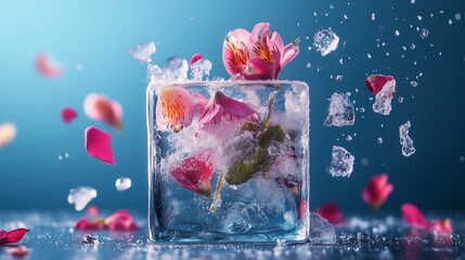 Poster - a glass filled with ice and blooming flowers surrounded by floating petals in a serene blue ambiance