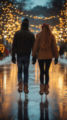 Wall Mural - lively winter scene of friends ice skating on a frozen pond, decorated with Christmas lights and a snow-covered landscape, perfect for an energetic smartphone wallpaper