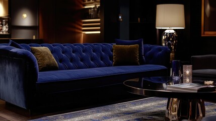 Leinwandbilder - UHD image of a dark blue sofa in a contemporary space, simple decor and soft lighting creating an elegant, modern feel.