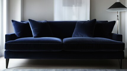 Leinwandbilder - UHD image of a dark blue sofa in a contemporary space, simple decor and soft lighting creating an elegant, modern feel.