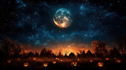Wall Mural - spooky halloween background featuring a full moon illuminating a dark night sky, with haunted houses