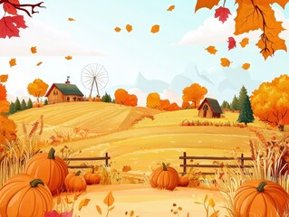 Charming autumn landscape with pumpkins, falling leaves, a farmhouse, and a Ferris wheel on a sunny day, capturing the essence of fall.