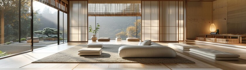 Aufkleber - Bright and serene minimalistic interior with natural light, featuring soft textures and an inviting atmosphere for relaxation.