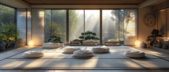 Aufkleber - Serene Japanese interior with soft sunlight revealing a tranquil atmosphere, featuring cushions and potted plants for relaxation.