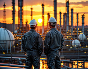 Two construction workers wearing hard hats and jackets standing next to a large industrial facility or refinery with tall smokestacks and a bright orange sunset in the background.