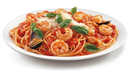 Wall Mural - Delicious Shrimp Pasta with Fresh Basil and Sauce