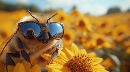 Bee with sunglasses on yellow flower, fun and playful concept in nature, close-up on pollinator, sunny summer day, insect and flower interaction