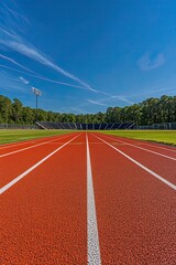 empty red running track with white lines on the ground, outdoor sports complex.