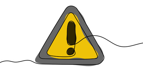 Wall Mural - Dangerous sign line continuous drawing vector. One line dangerous sign vector background. Dangerous sign icon. Continuous outline of a exclamation mark in a triangle.