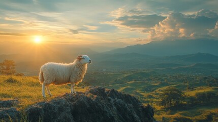 Wall Mural - Serene Sheep at Sunset on Mountain