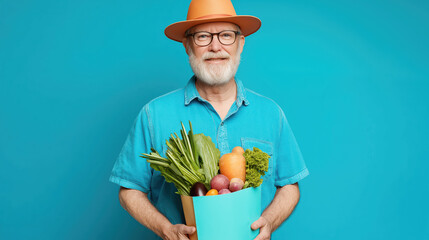 A confident senior man stands proudly with a basket of fresh vegetables with blue background