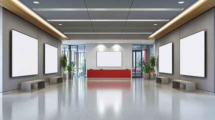 Poster - Modern exhibition space with blank display panels and sleek design