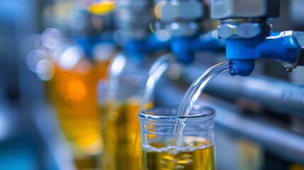 Poster - Yellow liquid is being poured from an automated system into a beaker in a laboratory setting. The image evokes a sense of scientific precision and advanced research
