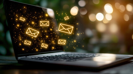 Aufkleber - A laptop displays glowing email icons, symbolizing digital communication amidst a blurred, warm background.
