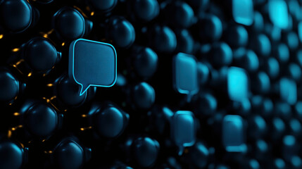 Aufkleber - A close-up of a textured surface featuring a prominent speech bubble icon amidst dark, glossy buttons, illuminated by a soft blue light.
