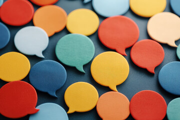 Aufkleber - A vibrant arrangement of colorful speech bubble tokens scattered on a dark surface, symbolizing communication and expression.