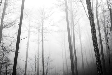 Poster - Misty Forest with Bare Trees and Foggy Atmosphere