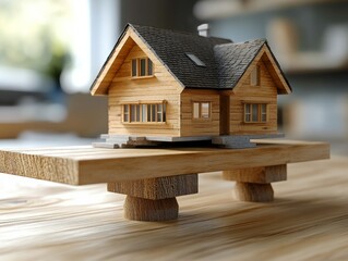 Poster - Wooden house at modern office design and the purchase agreement balancing the property sector