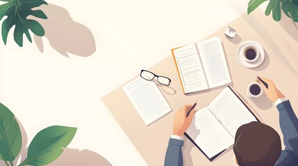 Poster - Top View of Person Writing in a Notebook with Coffee and Glasses