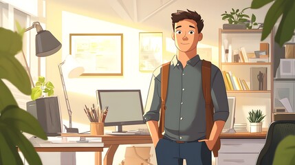 Poster - Young Man Standing in Modern Office with Sunlight Streaming In