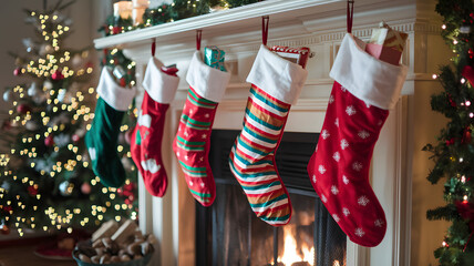 A cozy fireplace beautifully adorned with vibrant Christmas stockings, each carefully hung and filled with delightful small gifts and treats, radiates warmth and joy, embodying the festive spirit 