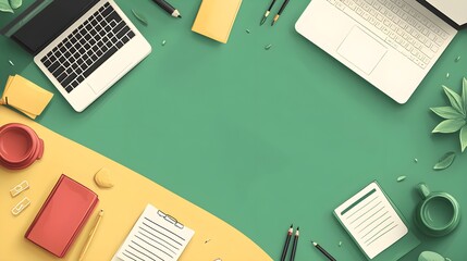 Poster - Flat Lay Green and Yellow Desk with Laptop  Notebook  Pencils  and Coffee Cup