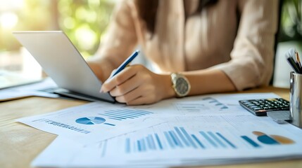 Poster - Businesswoman Analyzing Financial Data on Laptop and Charts