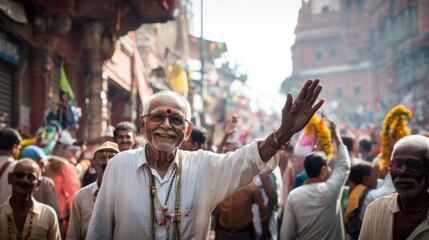 Man in a white shirt is waving to the crowd