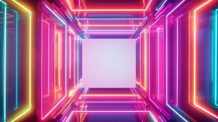 Abstract neon light tunnel with glowing lines and a white space for text or design.