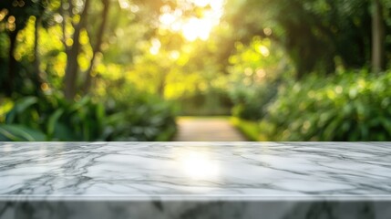 Poster - Empty marble table top set against a blurred green garden backdrop ideal for product display presentations