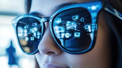 Poster - A close-up of a person wearing futuristic sunglasses that display digital icons, highlighting the fusion of technology and fashion.